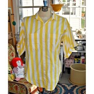 Vintage Men's 80s Sam & Max Yellow White Striped Button Front Shirt Size Medium